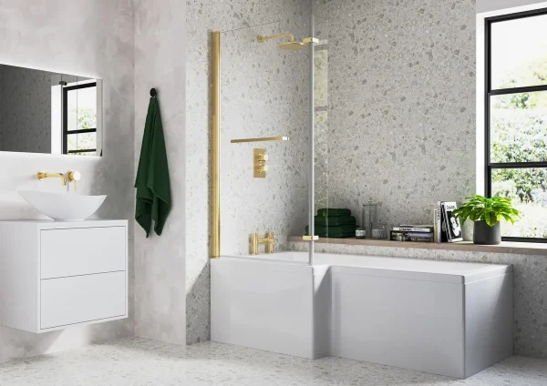 Novello 815 x 1500mm L Shape Bath Screen (6mm) - Brushed Brass