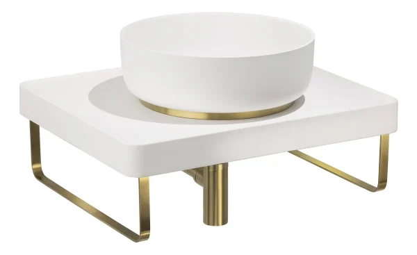 Abode Tableau/Cava Shelf & Round Basin Set - Chalk White w/Brushed Brass Finishes