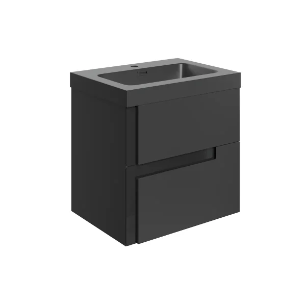 Novello Flarix 605mm Wall Hung 2 Drawer Basin Unit & 1TH Co-Ordinating Basin - Matt Black & Glass