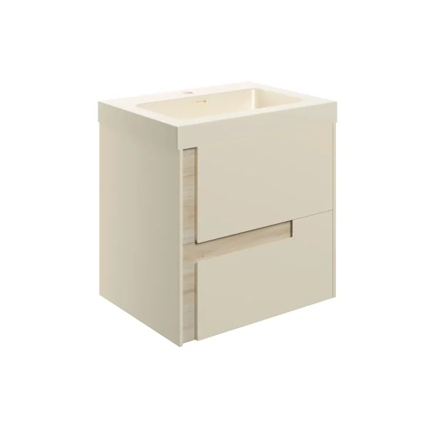 Novello Flarix 605mm Wall Hung 2 Drawer Basin Unit & 1TH Co-Ordinating Basin - Matt Cotton & Oak Effect
