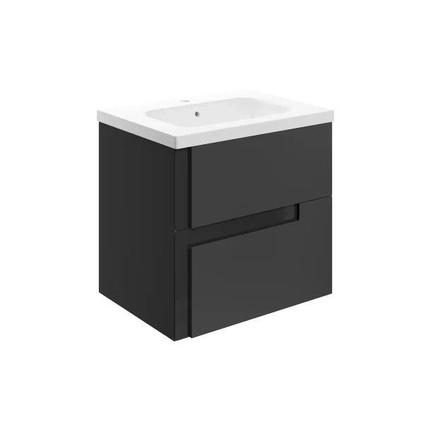 Novello Flarix 615mm Wall Hung 2 Drawer Basin Unit & 1TH White Basin - Matt Black & Glass