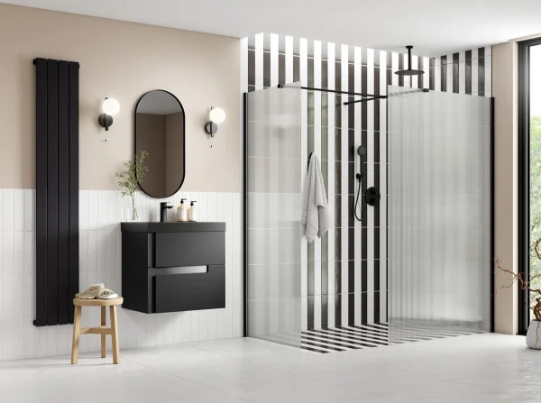 Poseidon Kavora 800mm Fluted Wetroom Panel & Side Panel Arm - Black