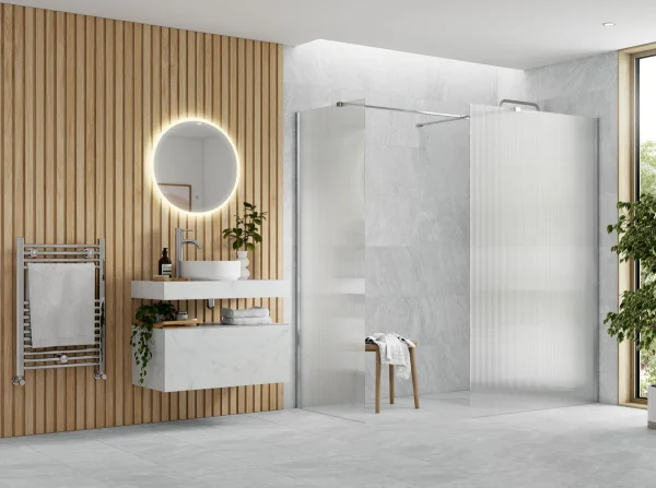 Poseidon Kavora 900mm Fluted Wetroom Panel & Side Panel Arm - Chrome