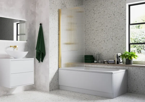 Novello Fluted 800 x 1500mm Single Straight Bath Screen (5mm) - Brushed Brass