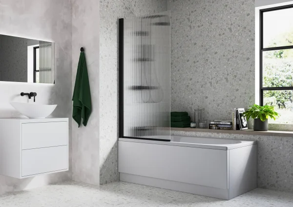Novello Fluted 800 x 1500mm Single Straight Bath Screen (5mm) - Matt Black