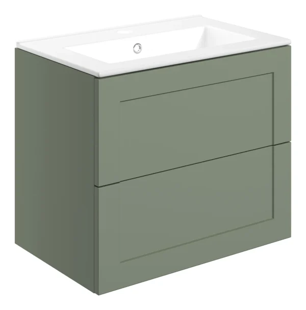 Novello Olvexa 615mm Wall Hung 2 Drawer Basin Unit & Basin - Matt Reed Green