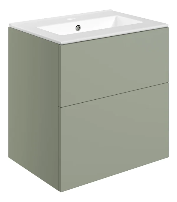 Novello Xalvex 610mm Wall Hung 2 Drawer Basin Unit & 1TH Basin - Matt Olive Green