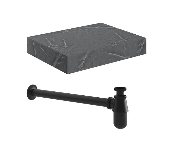 Novello Yavira 600mm Wall Hung Grey Marble Basin Shelf & Black Bottle Trap