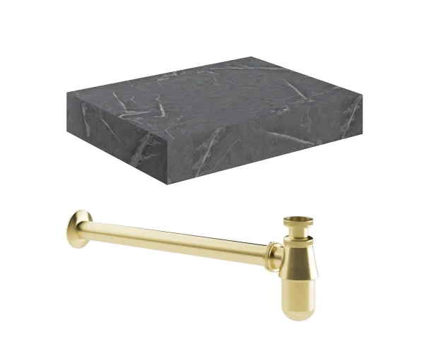 Novello Yavira 600mm Wall Hung Grey Marble Basin Shelf & Brushed Brass Bottle Trap