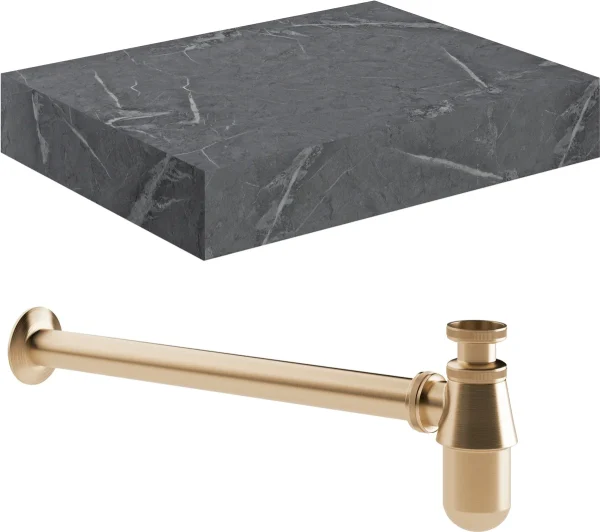 Novello Yavira 600mm Wall Hung Grey Marble Basin Shelf & Brushed Bronze Bottle Trap
