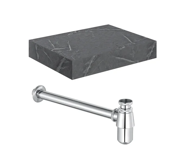 Novello Yavira 600mm Wall Hung Grey Marble Basin Shelf & Chrome Bottle Trap