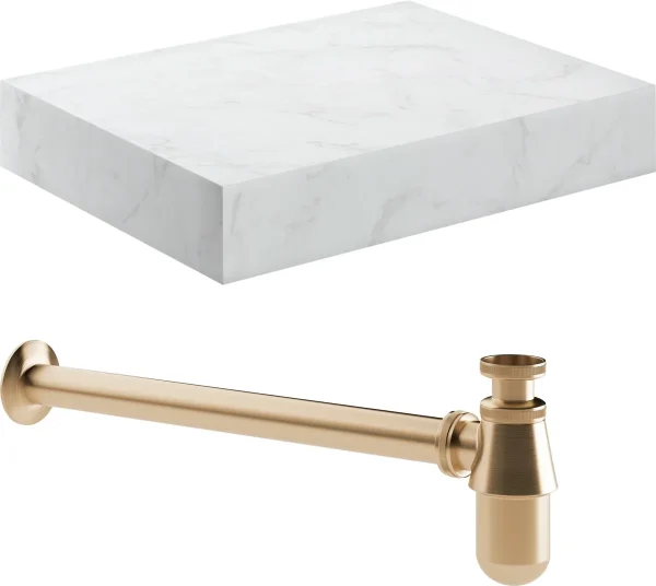 Novello Yavira 600mm Wall Hung White Marble Basin Shelf & Brushed Bronze Bottle Trap