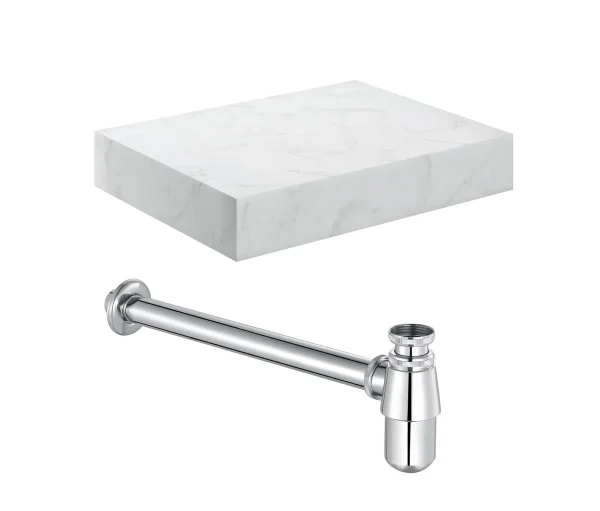 Novello Yavira 600mm Wall Hung White Marble Basin Shelf & Chrome Bottle Trap