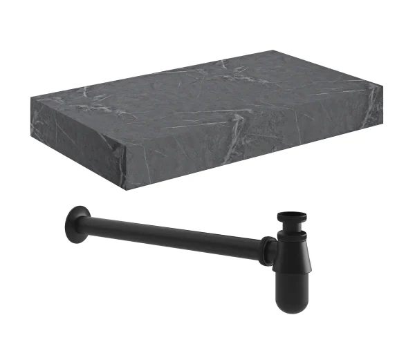 Novello Yavira 800mm Wall Hung Grey Marble Basin Shelf & Black Bottle Trap