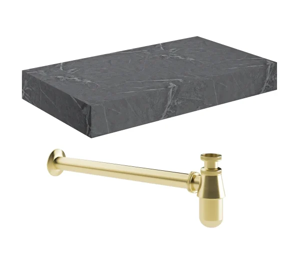 Novello Yavira 800mm Wall Hung Grey Marble Basin Shelf & Brushed Brass Bottle Trap