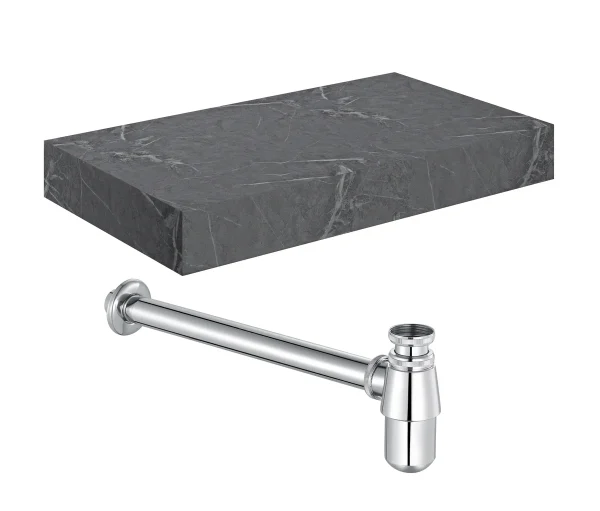 Novello Yavira 800mm Wall Hung Grey Marble Basin Shelf & Chrome Bottle Trap
