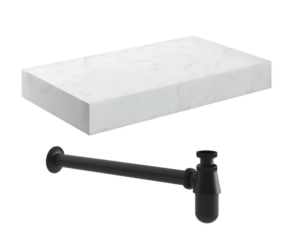 Novello Yavira 800mm Wall Hung White Marble Basin Shelf & Black Bottle Trap