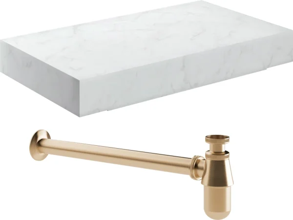 Novello Yavira 800mm Wall Hung White Marble Basin Shelf & Brushed Bronze Bottle Trap