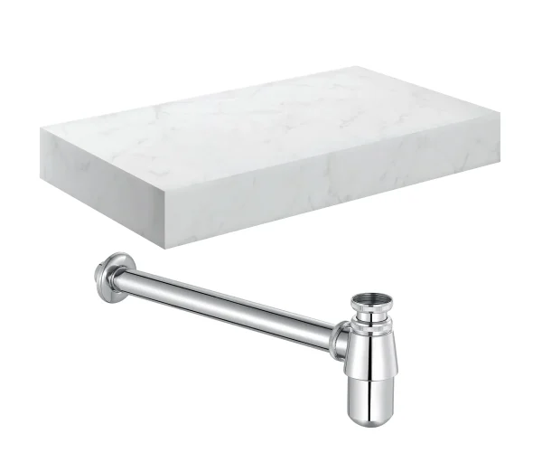 Novello Yavira 800mm Wall Hung White Marble Basin Shelf & Chrome Bottle Trap