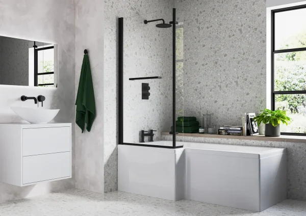 Novello Yelvex L Shape 1700 x 850 x 560mm 0TH Shower Bath Pack (Rh) - Matt Black