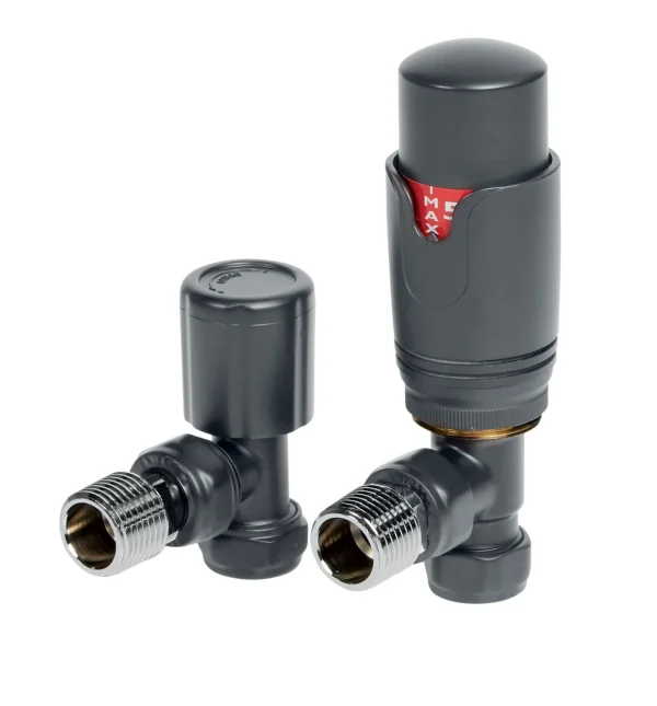 Novello Round THermostatic Anthracite Radiator Valves - Angled