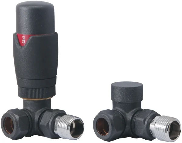 Novello Round THermostatic Anthracite Radiator Valves - Corner