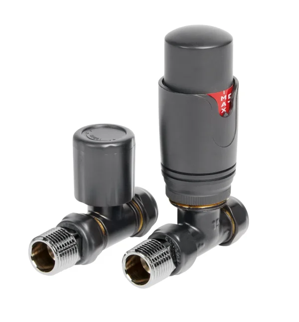 Novello Round THermostatic Anthracite Radiator Valves - Straight