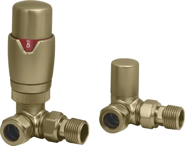 Novello Round THermostatic Brushed Brass Radiator Valves - Corner