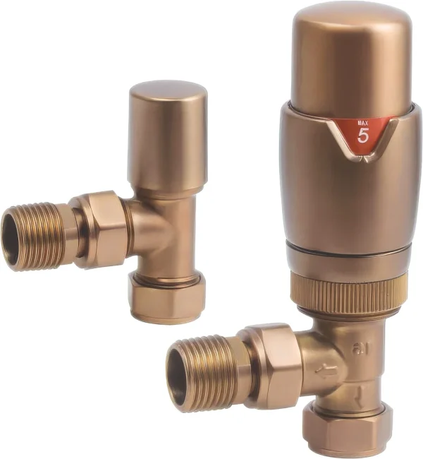 Novello Round THermostatic Brushed Bronze Radiator Valves - Angled