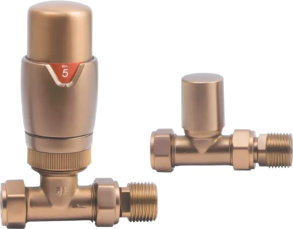 Novello Round THermostatic Brushed Bronze Radiator Valves - Straight