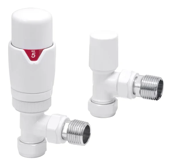 Novello Round THermostatic White Radiator Valves - Angled