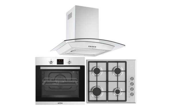 Prima Oven Gas Hob & Curved Glass Chimney Hood Pack - St/Steel