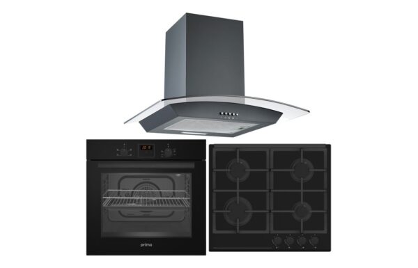 Prima Oven Gas Hob & Curved Glass Chimney Hood Pack - Black